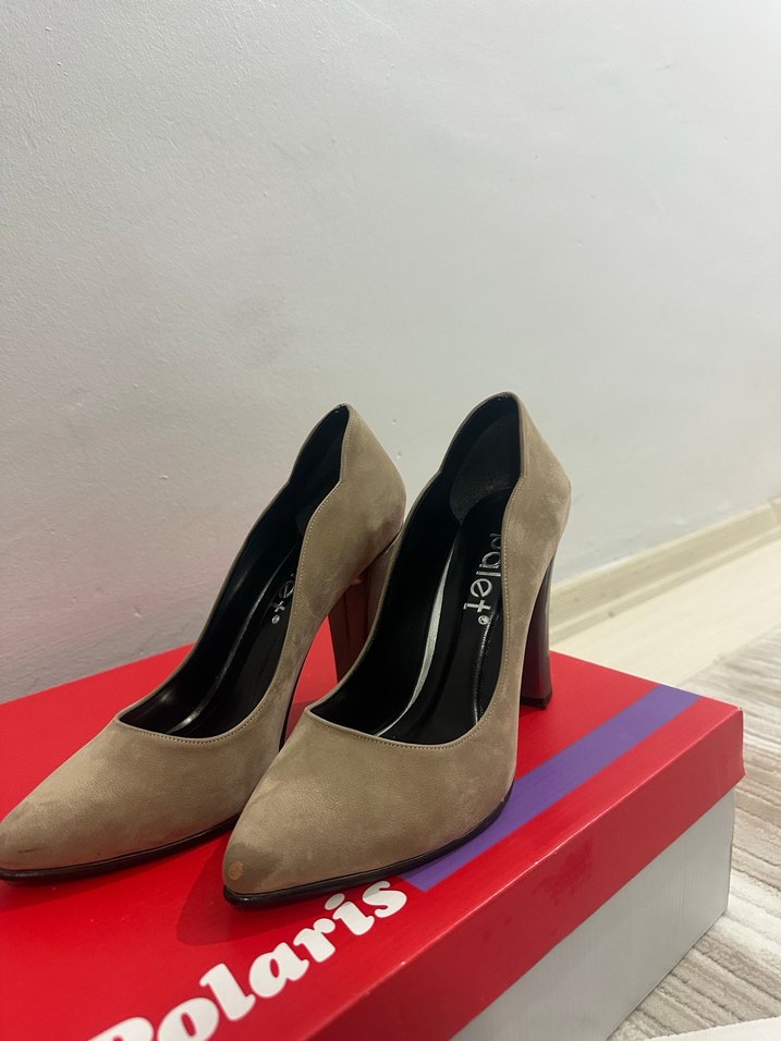 Bej Süet Kadın Topuklu Stiletto palet marka - Görsel 5