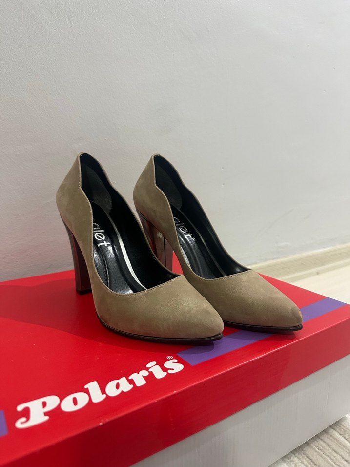 Bej Süet Kadın Topuklu Stiletto palet marka - Görsel 2