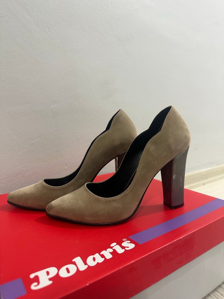 Bej Süet Kadın Topuklu Stiletto palet marka - Görsel 4