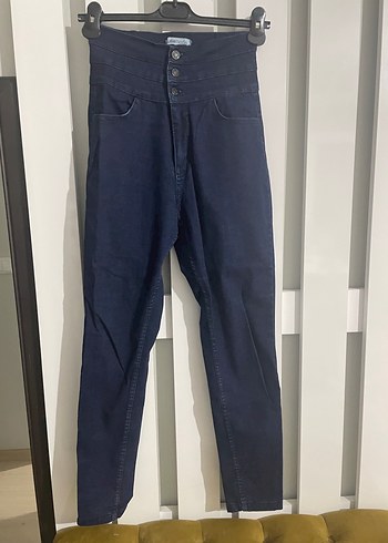 Düğmeli Lacivert Kadın Denim Pantolon