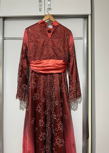 Bordo İşlemeli Uzun Kollu Henna Elbise - Görsel 2