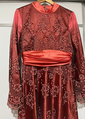 Bordo İşlemeli Uzun Kollu Henna Elbise - Görsel 4