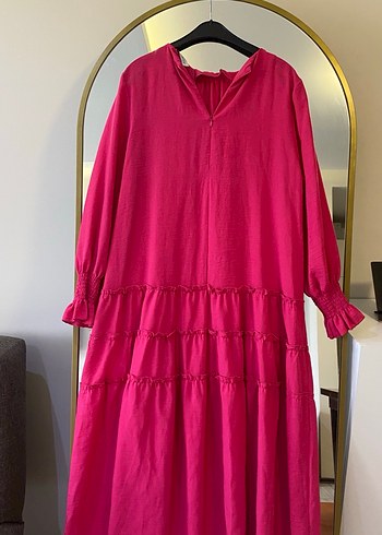 Pembe Uzun Elbise, Volan Detaylı - Görsel 2