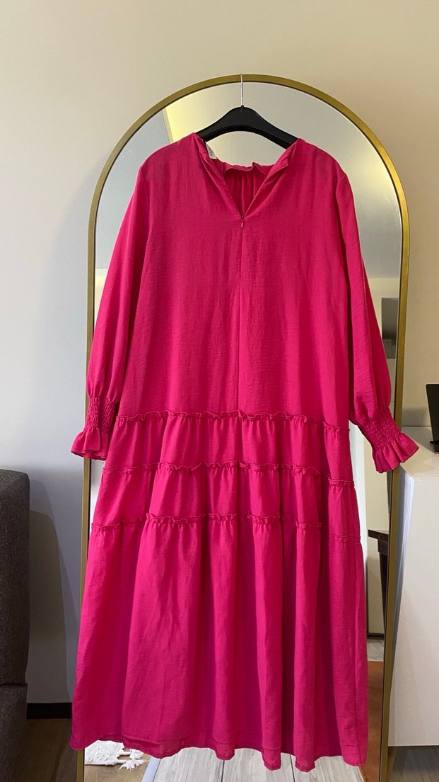 Pembe Uzun Elbise, Volan Detaylı - Görsel 2