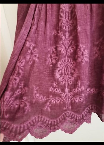 44 Beden bordo Renk Bordo Nakışlı Keten Bohem Bluz