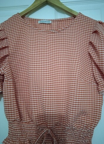 Topshop Kadın,crop bluz, karpuz kollu, pötikare,XL beden.