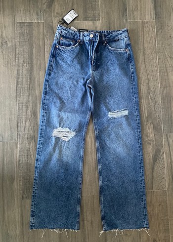 Kadın Mavi Bol Kesim Midi Denim Pantolon