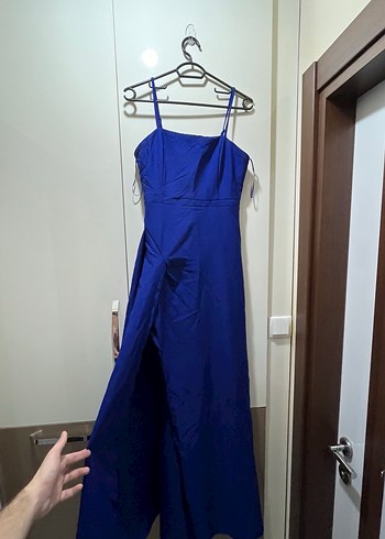 Uzun Mavi Drapeli Askılı Abiye Elbise - Görsel 2