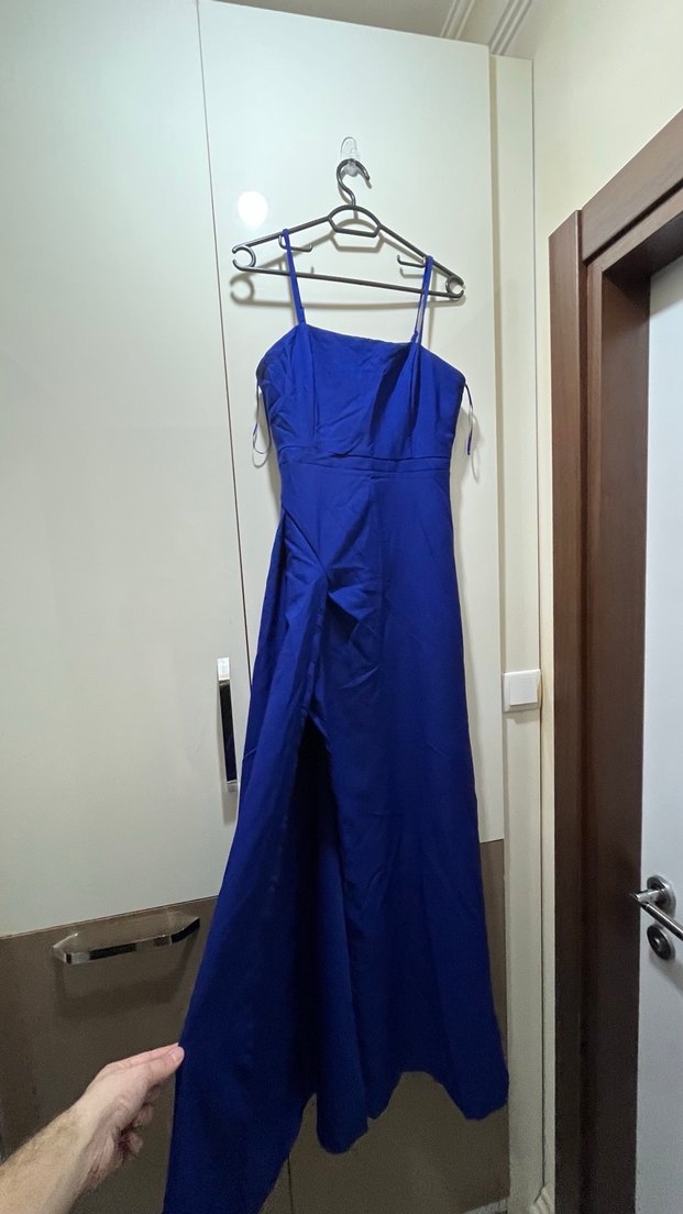 Uzun Mavi Drapeli Askılı Abiye Elbise - Görsel 5