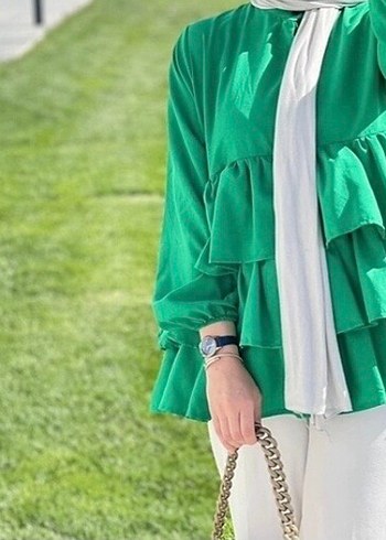 Yeşil Kat Kat Fırfırlı Bohem Mini Tunik - Görsel 2