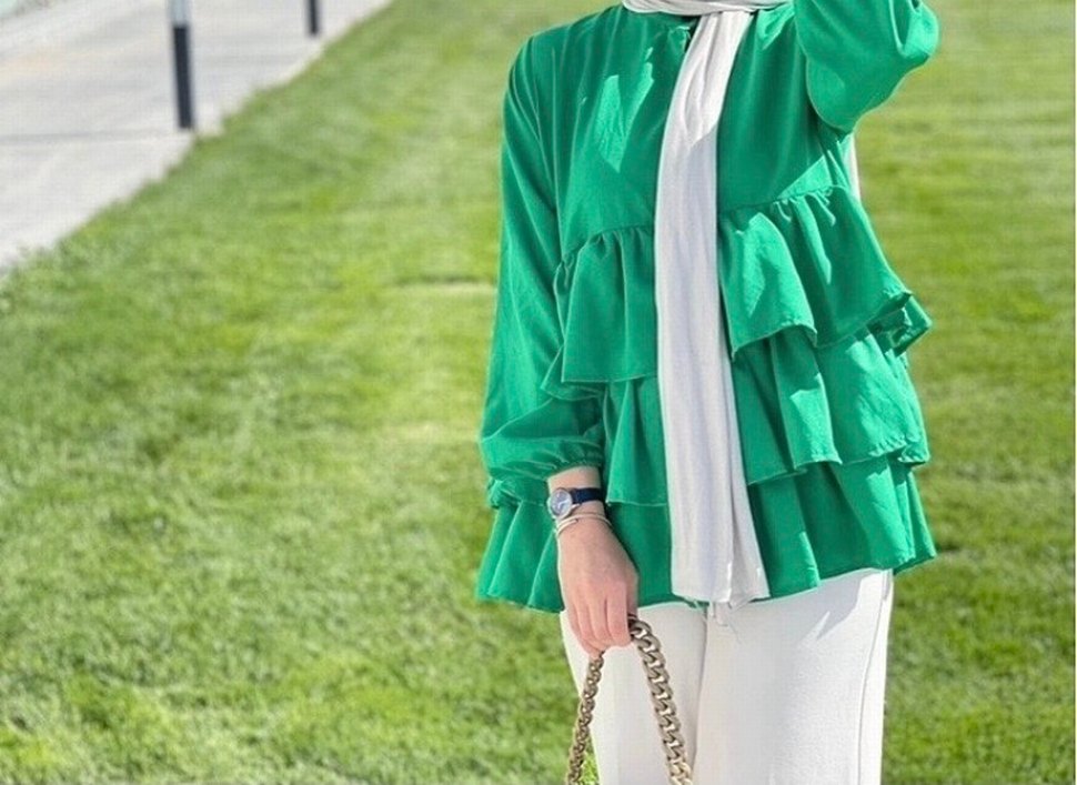 Yeşil Kat Kat Fırfırlı Bohem Mini Tunik - Görsel 2