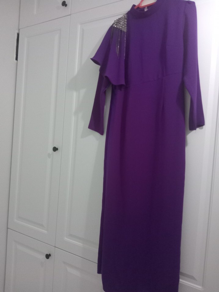 Mor Uzun Kollu Drapeli Abiye Elbise - Görsel 3