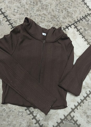 Kahverengi Fermuarlı kapşonlu bedeni saran hirka - Görsel 2