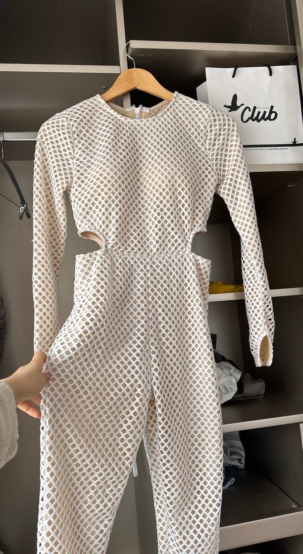 Beyaz Dantel Detaylı Kadın Uzun Kollu Tulum - Görsel 2