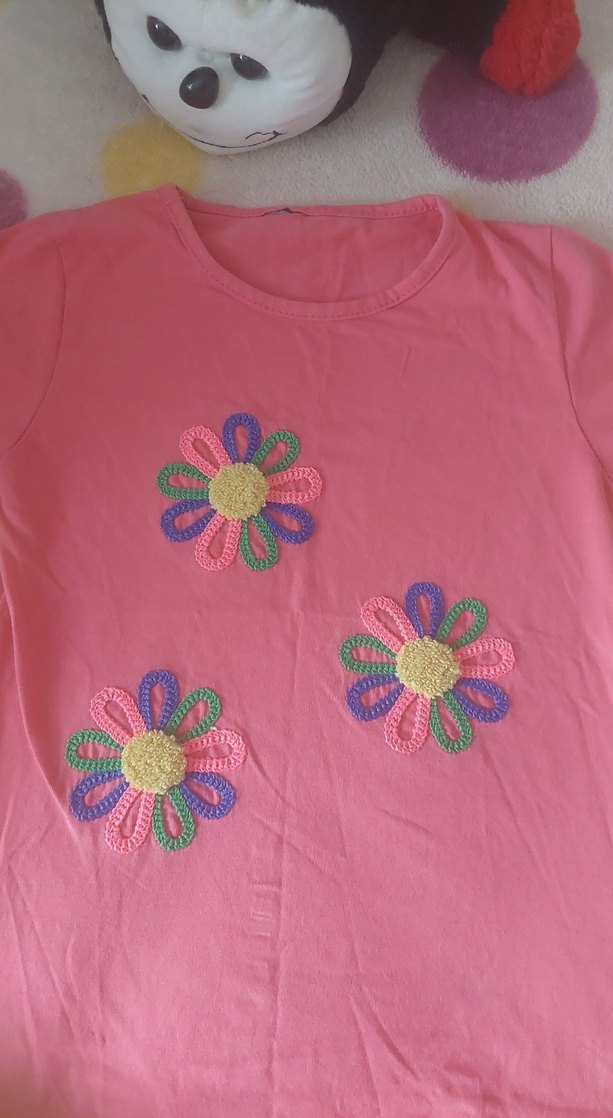Kız Çocuk Dantelli Çiçekli Pembe Tişört - Görsel 2