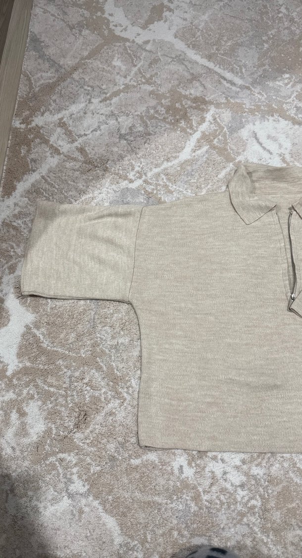 Bej Kadın Keten Balıkçı Yaka Fermuarlı Kazak - Görsel 3