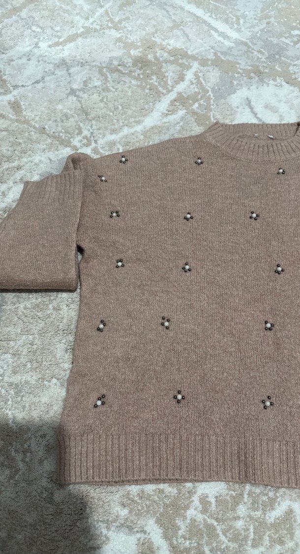 Nakışlı Bej Kadın Triko Kazak - Görsel 3