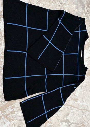 Mavi Kareli Uzun Kollu Kadın Kazak - Görsel 2