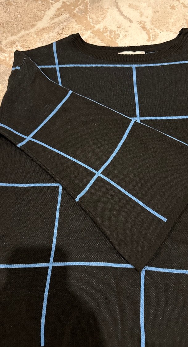 Mavi Kareli Uzun Kollu Kadın Kazak - Görsel 5