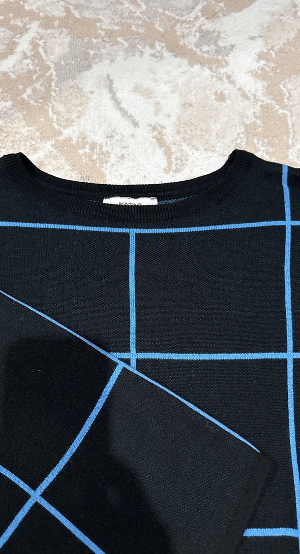 Mavi Kareli Uzun Kollu Kadın Kazak - Görsel 4