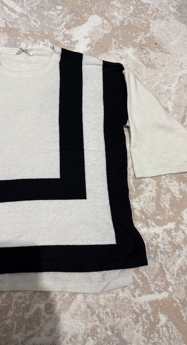 Gri Siyah Çizgili Kadın Triko Kazak - Görsel 2