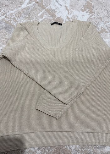 Bej V Yaka Kadın Keten Triko Kazak - Görsel 6