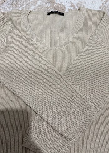 Bej V Yaka Kadın Keten Triko Kazak - Görsel 7