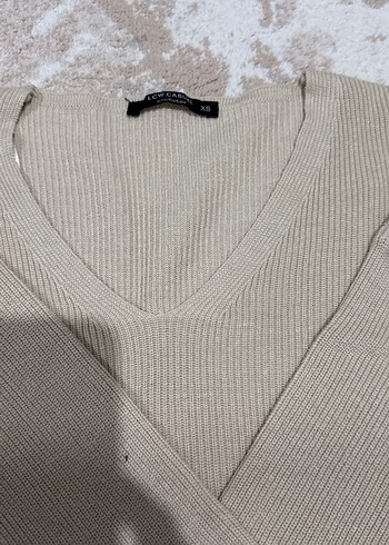 Bej V Yaka Kadın Keten Triko Kazak - Görsel 8