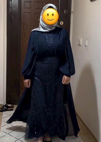 Lacivert Drape Detaylı İşlemeli Tesettür Abiye Elbise