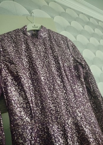 Uzun Kollu Parlak Mor Vintage Abiye Elbise 36 beden - Görsel 6