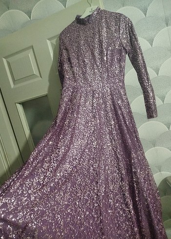 Uzun Kollu Parlak Mor Vintage Abiye Elbise 36 beden - Görsel 4