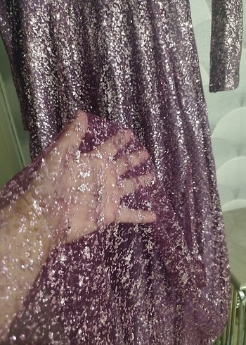 Uzun Kollu Parlak Mor Vintage Abiye Elbise 36 beden - Görsel 2