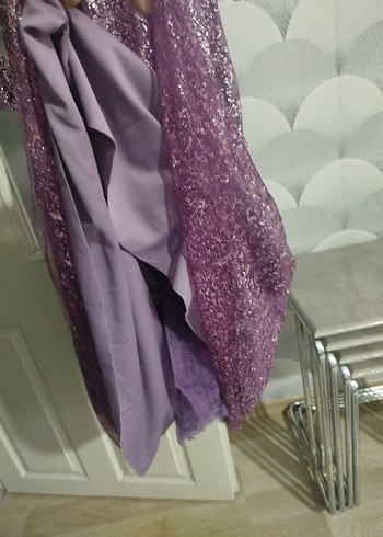 Uzun Kollu Parlak Mor Vintage Abiye Elbise 36 beden - Görsel 5