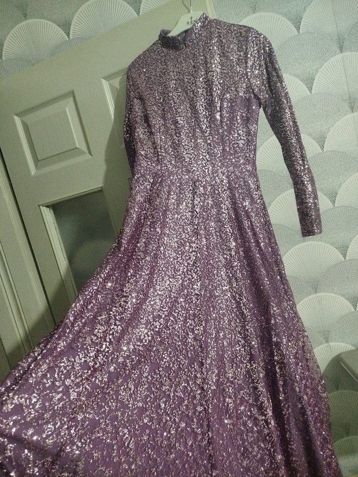 Uzun Kollu Parlak Mor Vintage Abiye Elbise 36 beden - Görsel 4