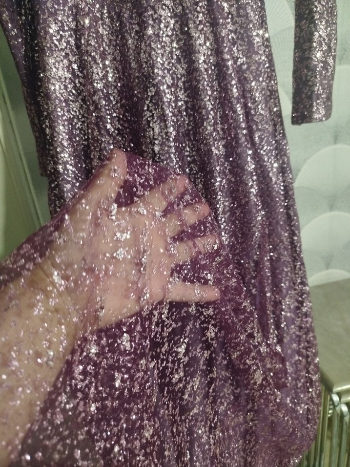 Uzun Kollu Parlak Mor Vintage Abiye Elbise 36 beden - Görsel 2