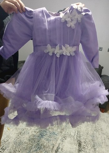 Mor Fırfırlı Uzun Kollu Kız Çocuk Elbise - Görsel 2