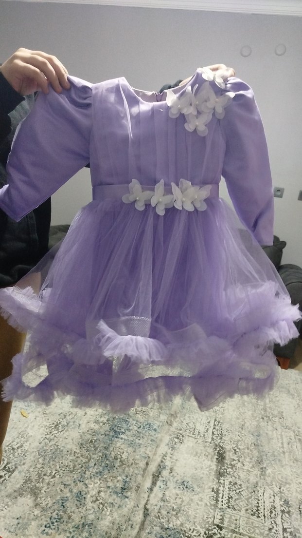 Mor Fırfırlı Uzun Kollu Kız Çocuk Elbise - Görsel 2