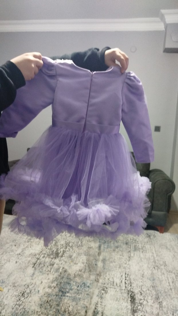 Mor Fırfırlı Uzun Kollu Kız Çocuk Elbise - Görsel 3