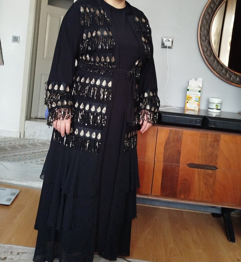 Boncuk İşlemeli Siyah Uzun Kadın Elbise - Görsel 3