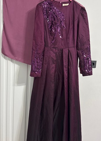 Mor Uzun Kollu Nakışlı Kadın Abiye Elbise - Görsel 2