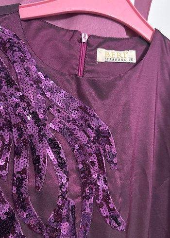 Mor Uzun Kollu Nakışlı Kadın Abiye Elbise - Görsel 3