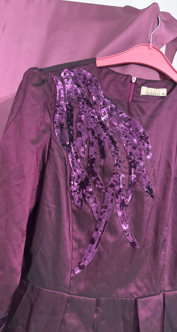 Mor Uzun Kollu Nakışlı Kadın Abiye Elbise - Görsel 4