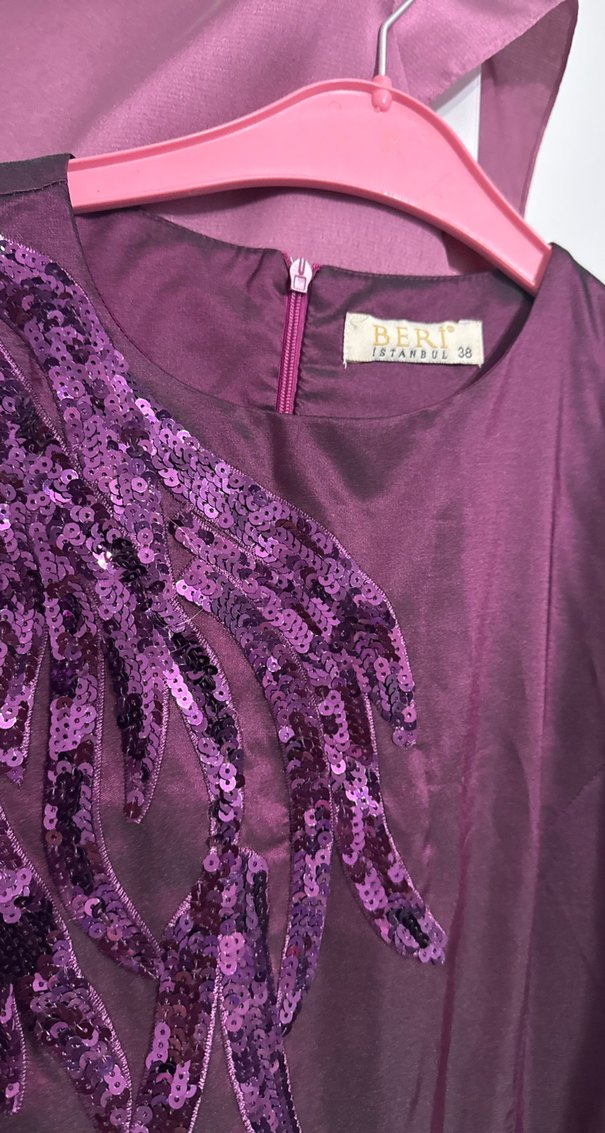 Mor Uzun Kollu Nakışlı Kadın Abiye Elbise - Görsel 3