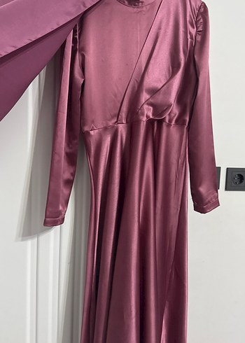 Bordo Uzun Kollu Yüksek Yakalı Abiye Elbise şal dahildir - Görsel 2