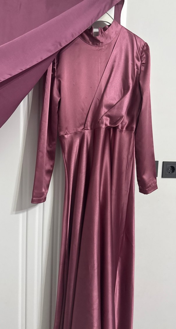 Bordo Uzun Kollu Yüksek Yakalı Abiye Elbise şal dahildir - Görsel 2