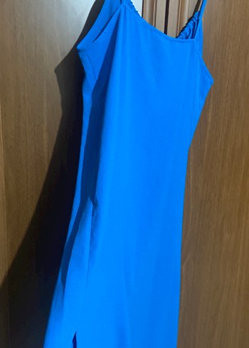 44 Beden Mavi Drapeli Midi Halter Yaka Elbise