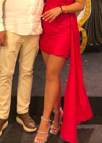 Pembe Drapeli Straplez Mini Abiye - Görsel 2