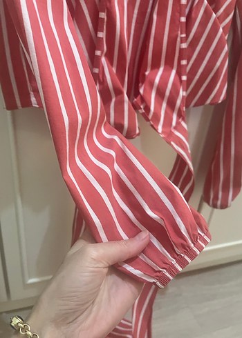 Çizgili, V Yaka, Uzun Kollu Kırmızı Kadın Gömlek - Görsel 6