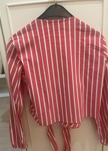 Çizgili, V Yaka, Uzun Kollu Kırmızı Kadın Gömlek - Görsel 3
