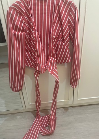 Çizgili, V Yaka, Uzun Kollu Kırmızı Kadın Gömlek - Görsel 2